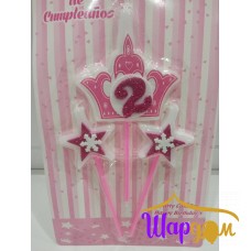 Свеча в торт цифра 2 (корона и звёзды, розовая)