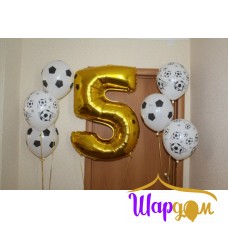 Цифра пять фольгированная гелиевая и стойка с гелиевыми шарами в виде футбольного мяча