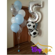 Цифра пять фольгированная гелиевая с фольгированным кругом футбольный мяч и стойка с гелиевыми шарами и шары конфетти
