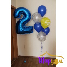Цифра два синяя фольгированная гелиевая и гелиевая стойка ( шар синий, шар конфетти, шар с рисунком)